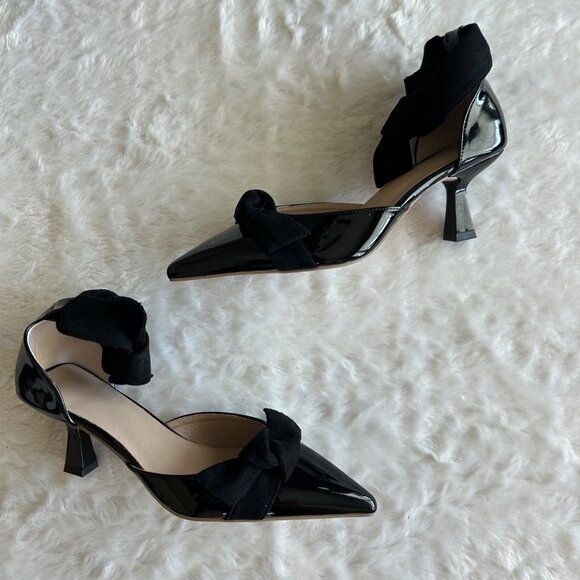 NIB Black Patent Leather Pointed-Toe Kitten Heels With Suede Ankle Ties 7.5 - Picture 1 of 8